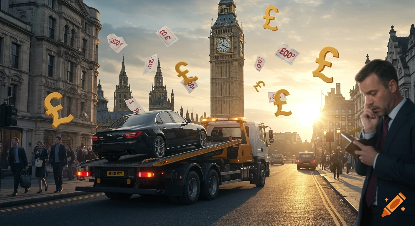 A tow truck carries a black car down a busy London street, with Big Ben in the background. Gold pound symbols and paper money float in the air. A man in a suit checks his wallet.