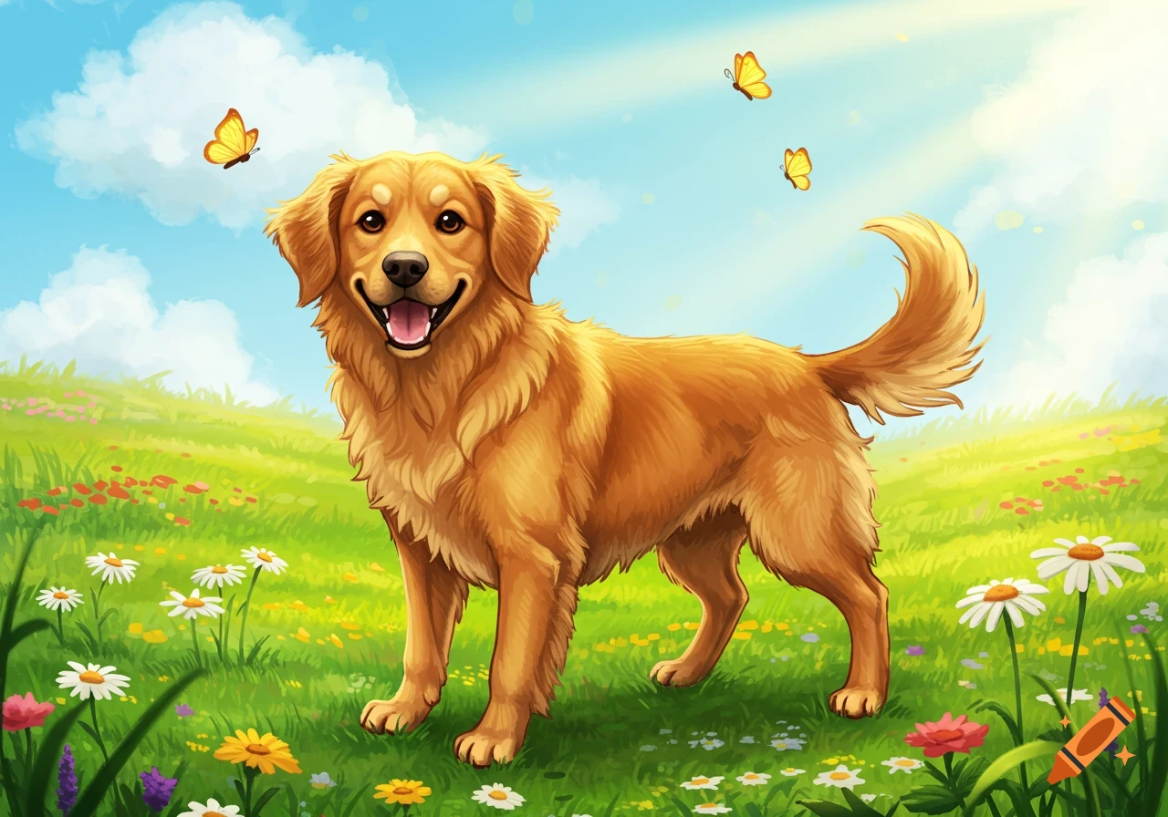 A happy golden retriever stands in a sunny green field with colorful flowers and butterflies, in a vibrant cartoon illustration style.