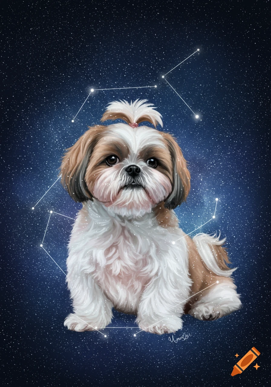 An illustration of a brown and white Shih Tzu dog with a topknot, sitting against a dark blue starry night sky with constellations.