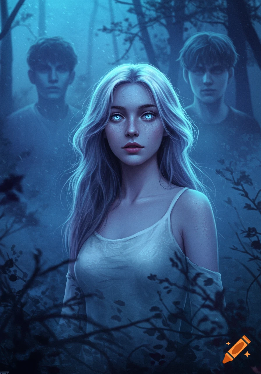 An ethereal woman with glowing blue eyes and pale skin stands in a misty, blue-toned forest with two blurred men in the background, digital painting.