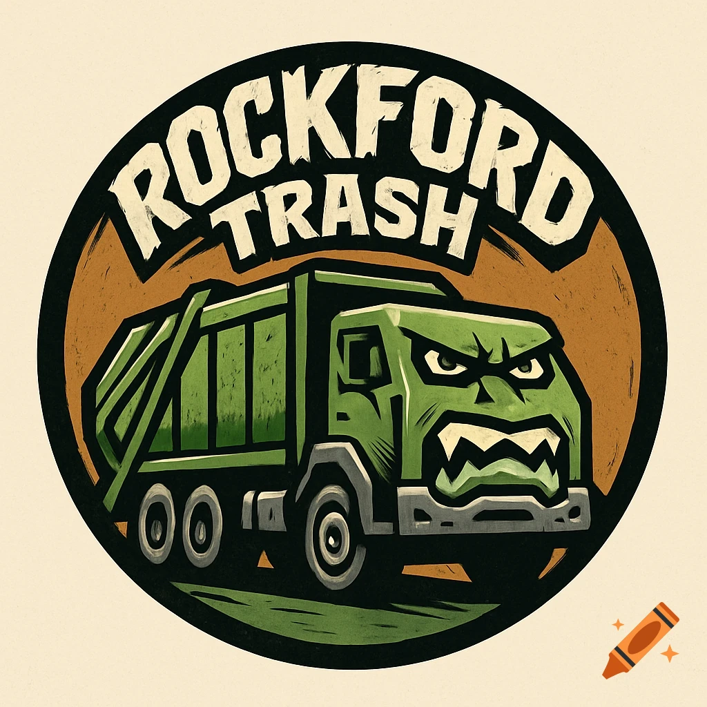An oval cartoon logo of a green garbage truck with a mean monster face, with 'ROCKFORD TRASH' text above it.