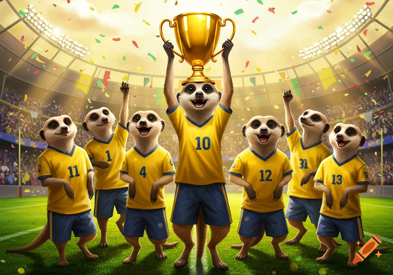 A team of meerkats in yellow and blue soccer uniforms celebrates in a stadium, one holding a golden trophy with confetti.