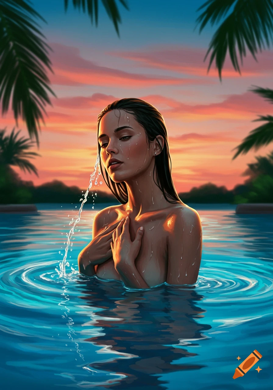 Digital art portrait of a woman in a tropical pool at sunset, water flowing over her as she holds her hands to her chest.