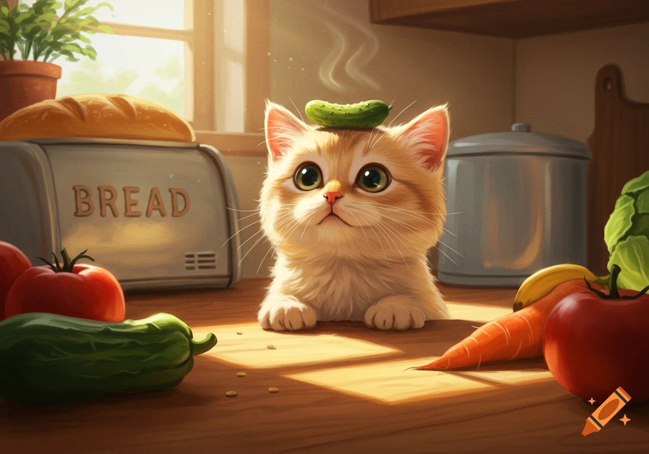 A cute ginger kitten with a cucumber on its head sits on a kitchen counter amidst fresh vegetables and a toaster with bread, in a stylized digital painting.