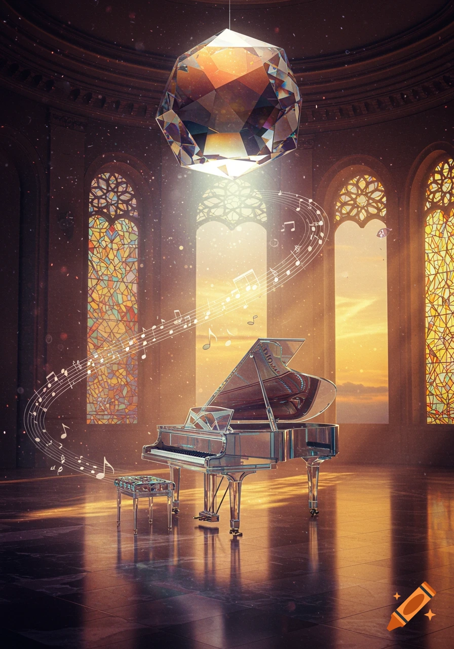 A grand piano and stool sit in an ornate hall with stained glass windows. A large crystal chandelier hangs above, casting light on ethereal musical notes swirling around the piano.