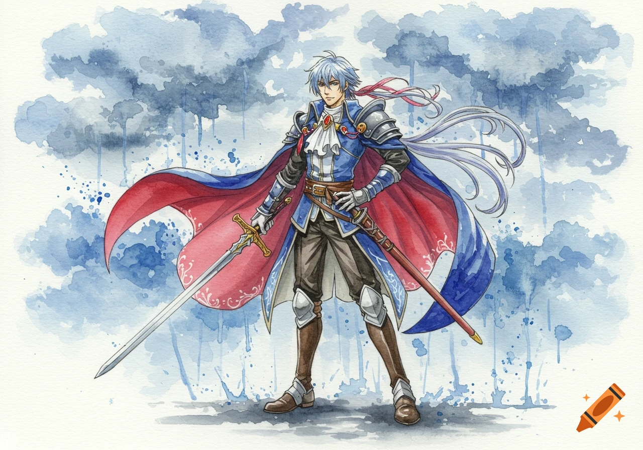 A silver-haired anime swordsman in blue and red armor and cape, holding a sword, against a blue watercolor background of rain clouds.