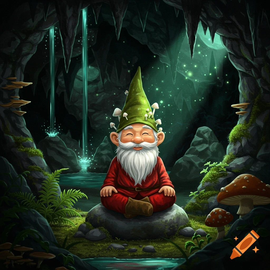 A happy gnome with a long white beard and a mushroom-covered hat meditates on a rock in a mystical glowing cave.