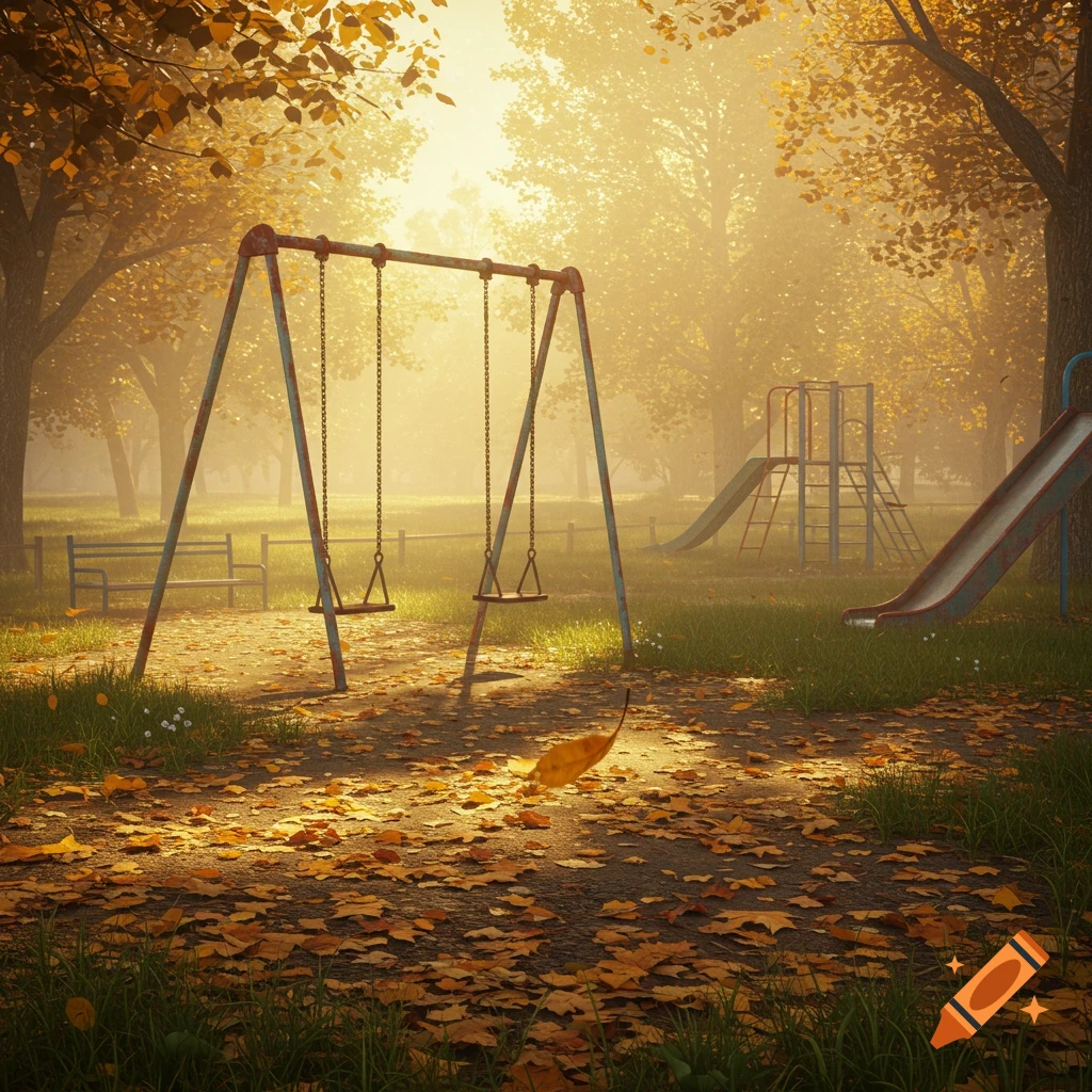 Digital painting of an empty playground in autumn, bathed in golden sunlight, with swings, slides, and fallen leaves.