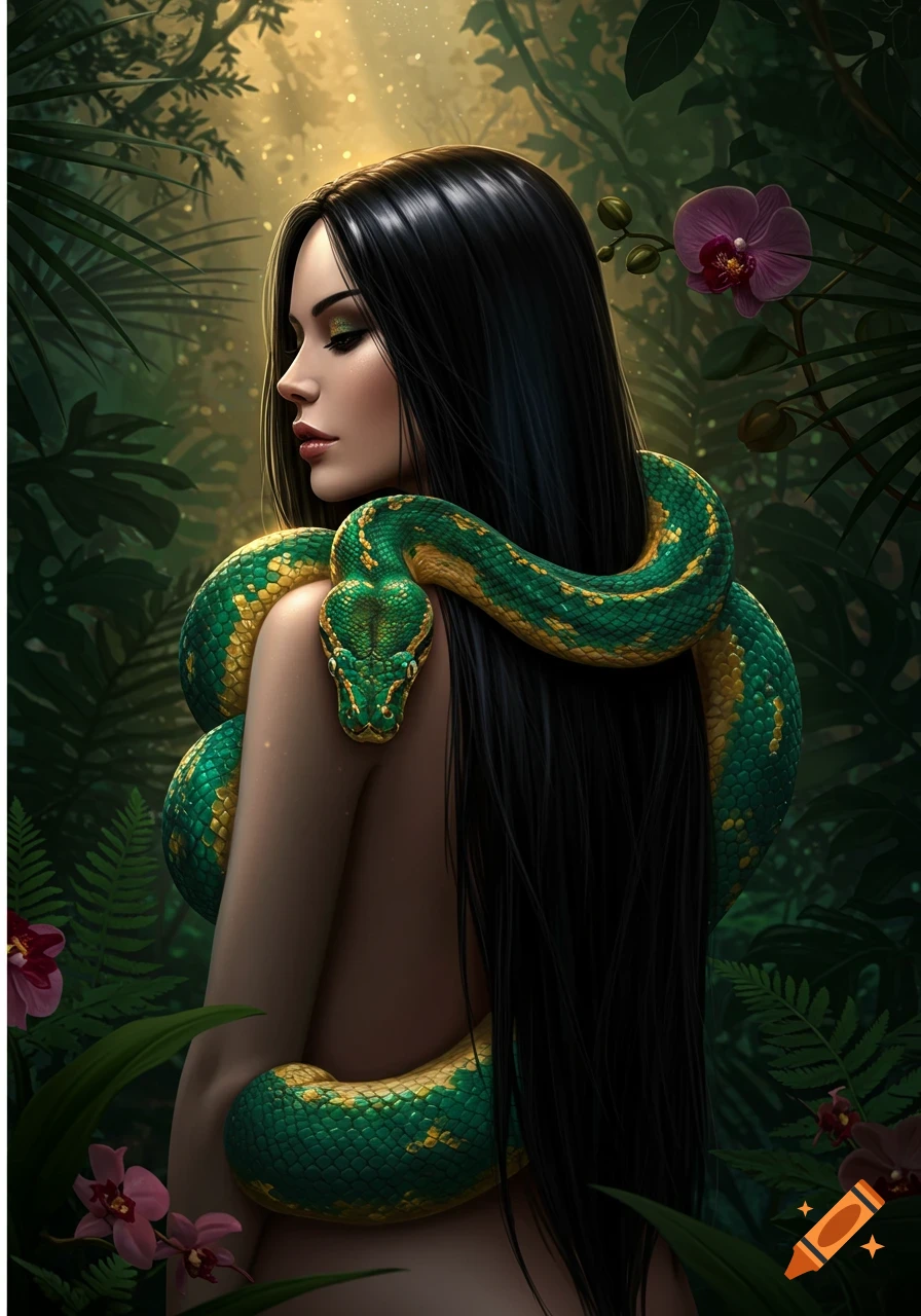 Artistic depiction of a woman with long black hair, coiled by a green and yellow python, in a lush jungle setting.