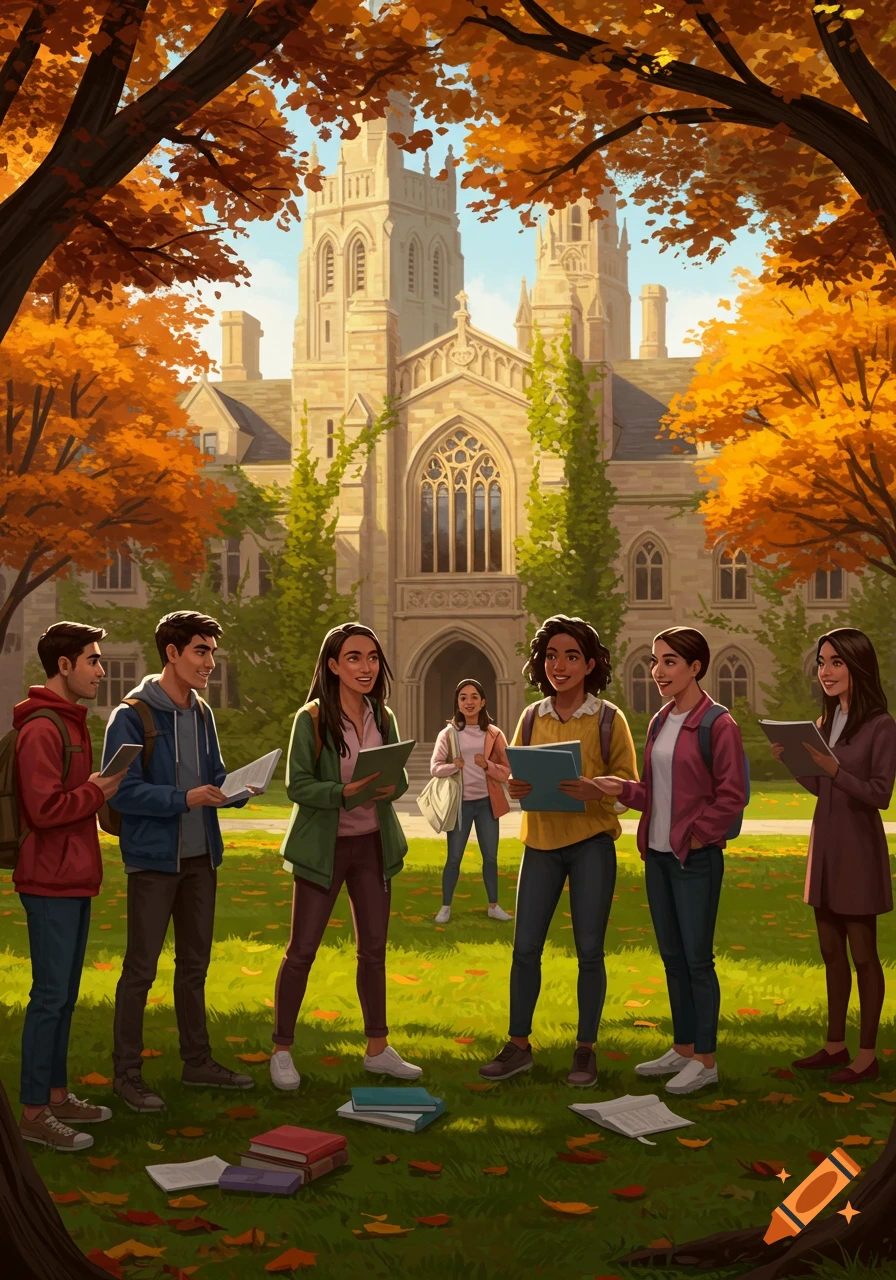 A vibrant digital illustration of diverse students gathered on a sunny autumn college campus with a grand building in the background.