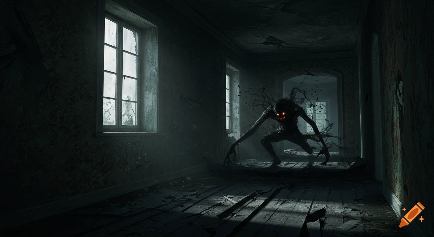 A lean, dark, shadowy creature with glowing red eyes crouches in a ruined, dimly lit hallway, illuminated by windows.