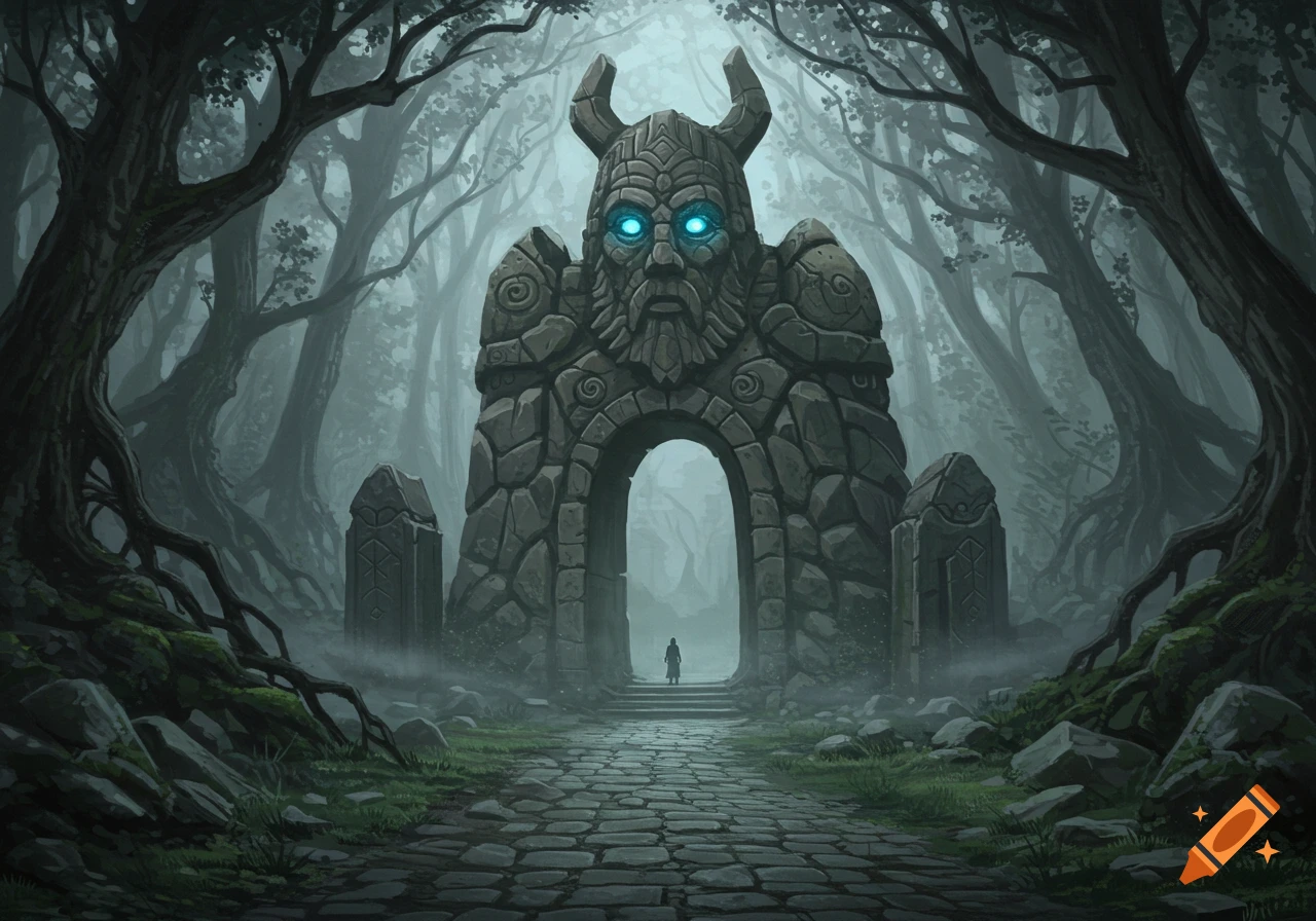 A large stone gate shaped like a horned, bearded face stands in a dark, foggy forest. A figure approaches on a cobblestone path.
