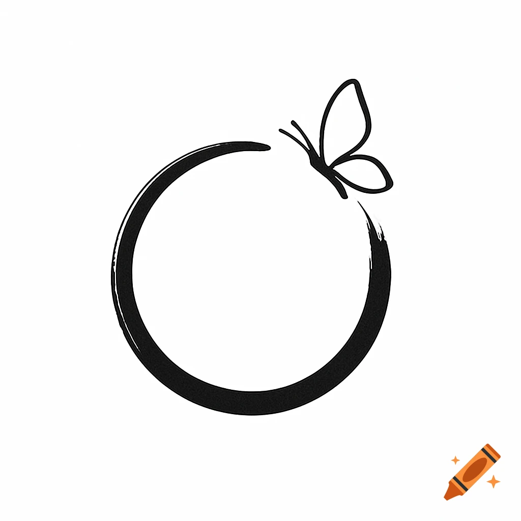 Minimalist black brush stroke Enso circle with a butterfly taking flight from its top right edge.