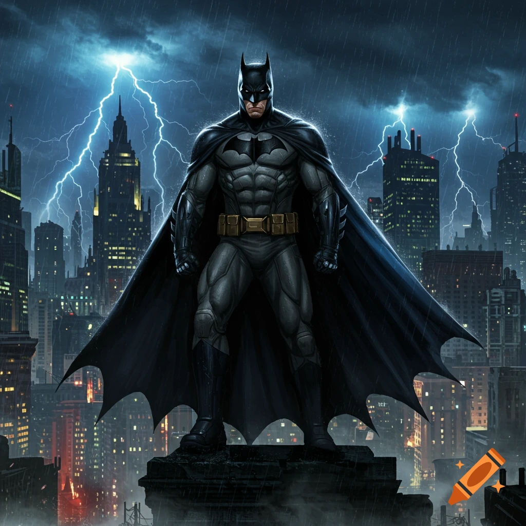 Batman stands heroically on a rainy city rooftop as lightning strikes in the dark sky.