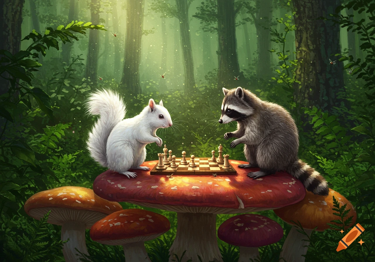 A white squirrel and a raccoon play chess on a large red mushroom in a magical, sunlit forest.
