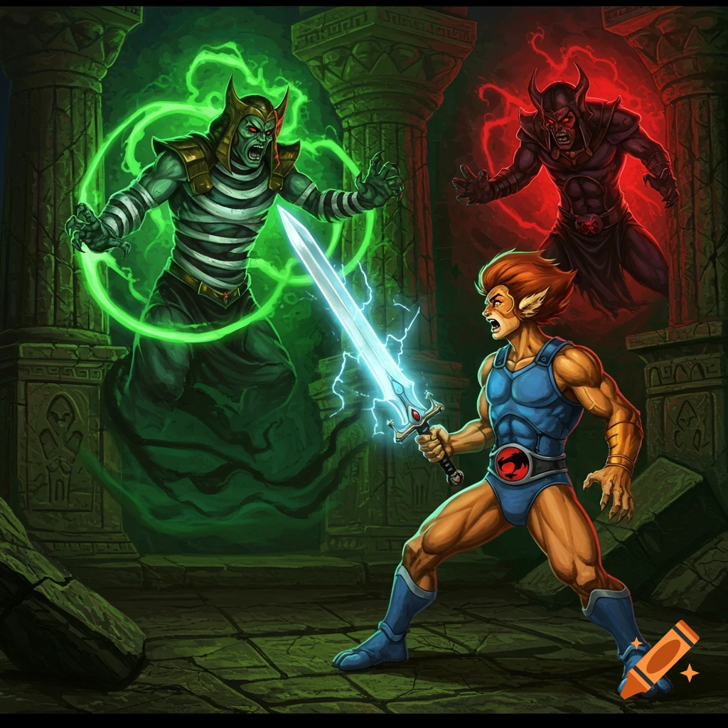 Lion-O, sword glowing, confronts a green mummy-like Mumm-Ra and a red demonic figure in ancient ruins. Vibrant cartoon style.