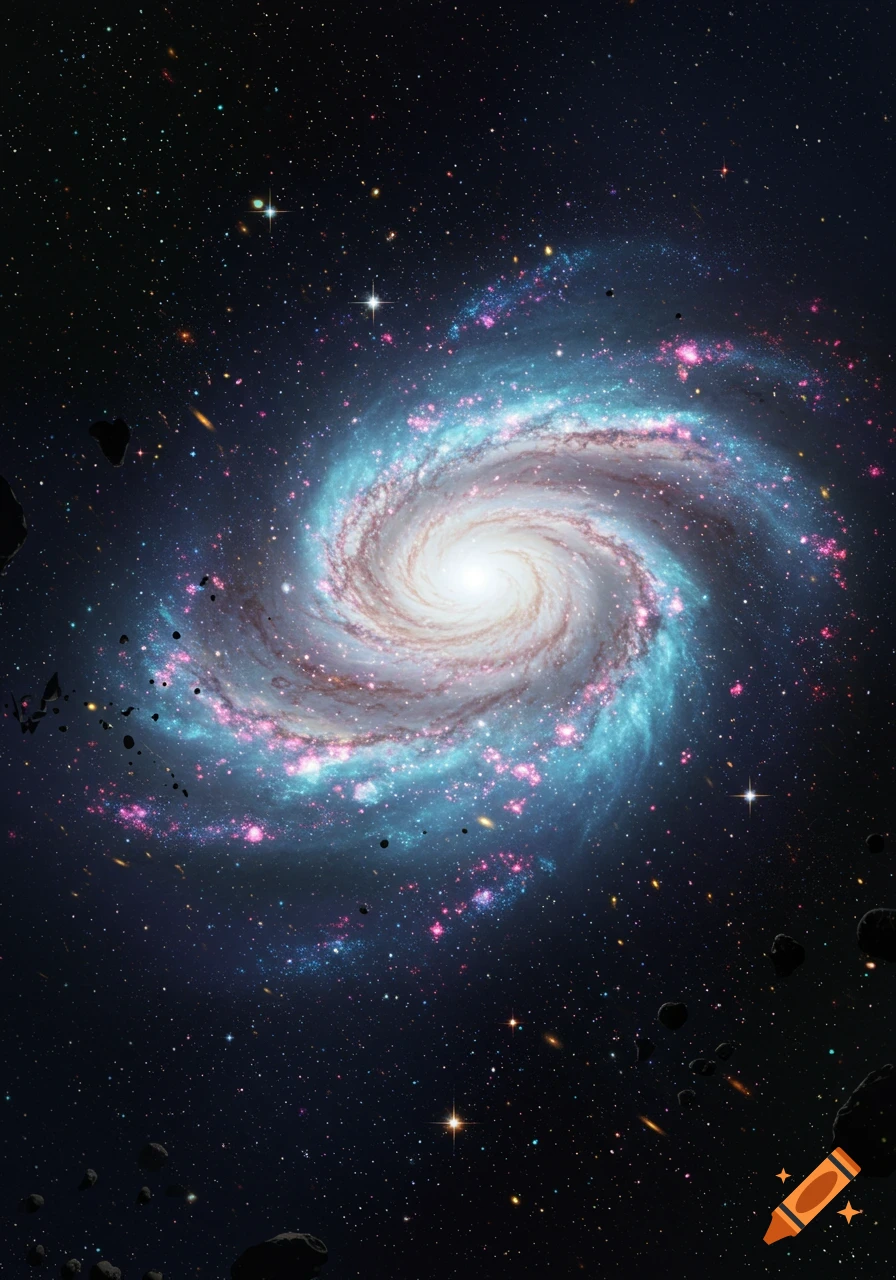 Vibrant spiral galaxy in deep space with glowing blue and pink nebulae, surrounded by countless stars and scattered asteroids.