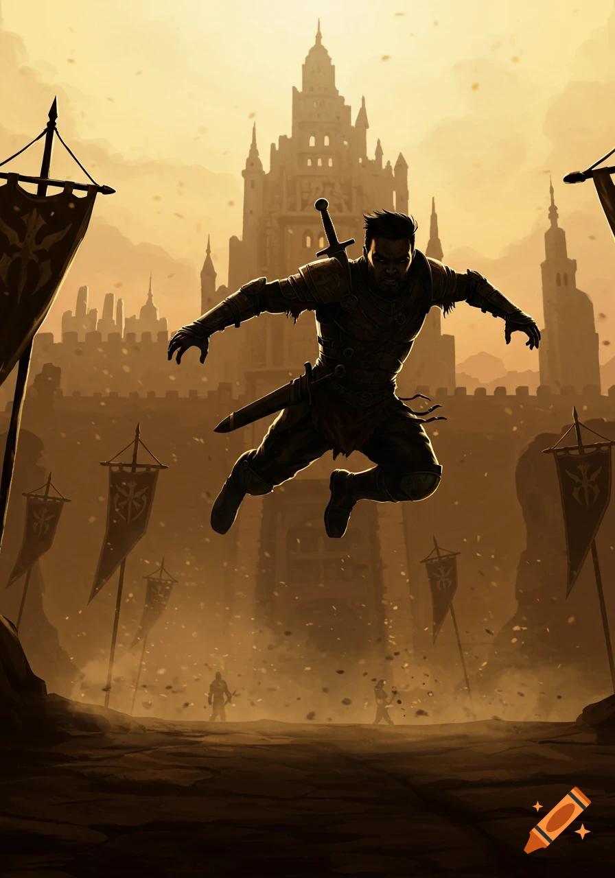 A warrior with a sword jumps over a dusty battlefield in front of a grand castle, in a stylized epic art style.
