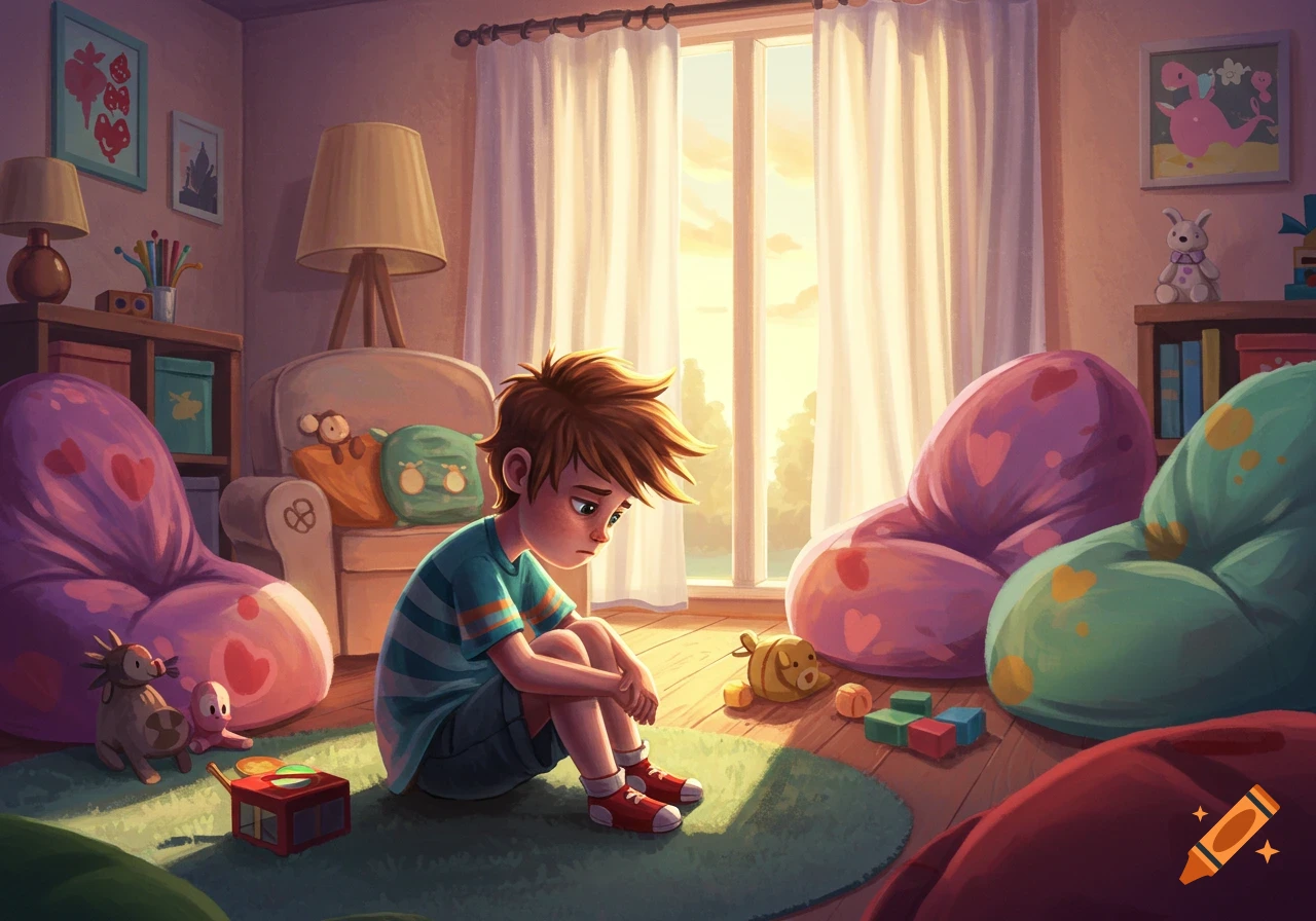 A sad boy with spiky brown hair sits on a green rug in a brightly lit, colorful child's room with toys and beanbag chairs.