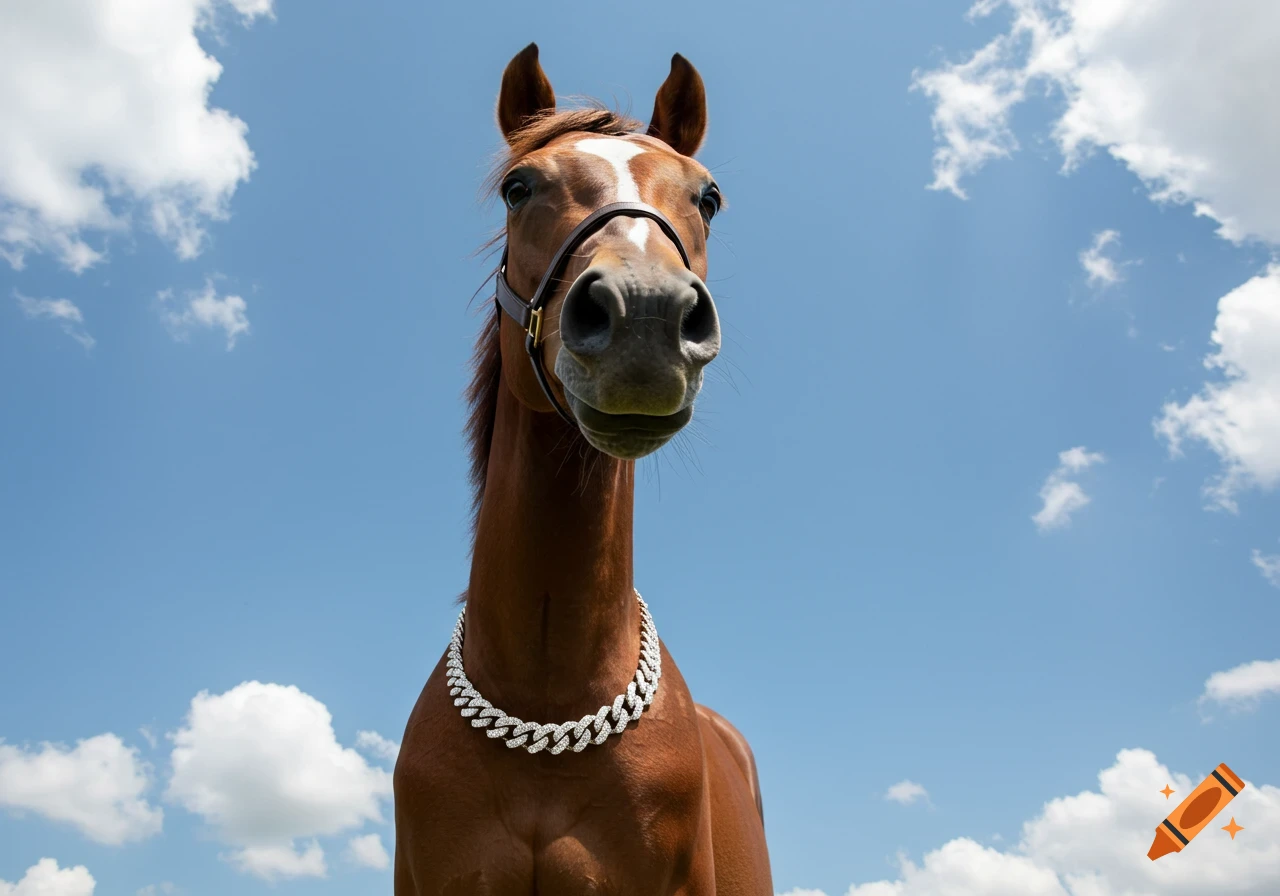 A brown horse wearing an iced-out chain, looking directly at the camera with a fisheye lens effect against a blue sky with clouds.