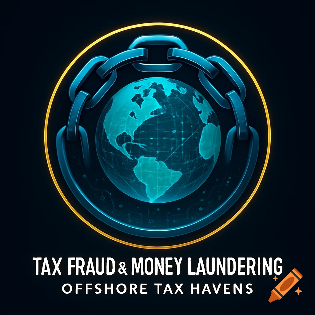 Logo of a chained globe with text 'TAX FRAUD & MONEY LAUNDERING OFFSHORE TAX HAVENS' on a dark background.