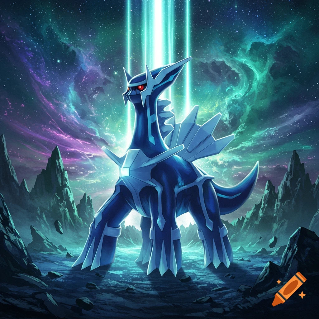The legendary blue and white Dialga Pokémon stands on a rocky alien planet under a vibrant cosmic sky and a light beam.