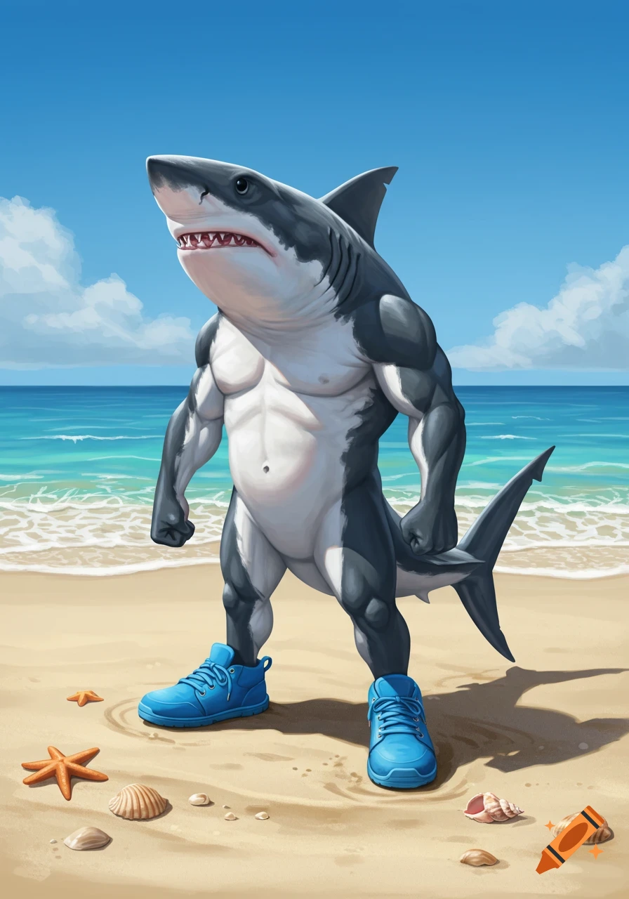 Muscular anthropomorphic shark in blue sneakers stands on a sandy beach with ocean and blue sky. Illustrated.
