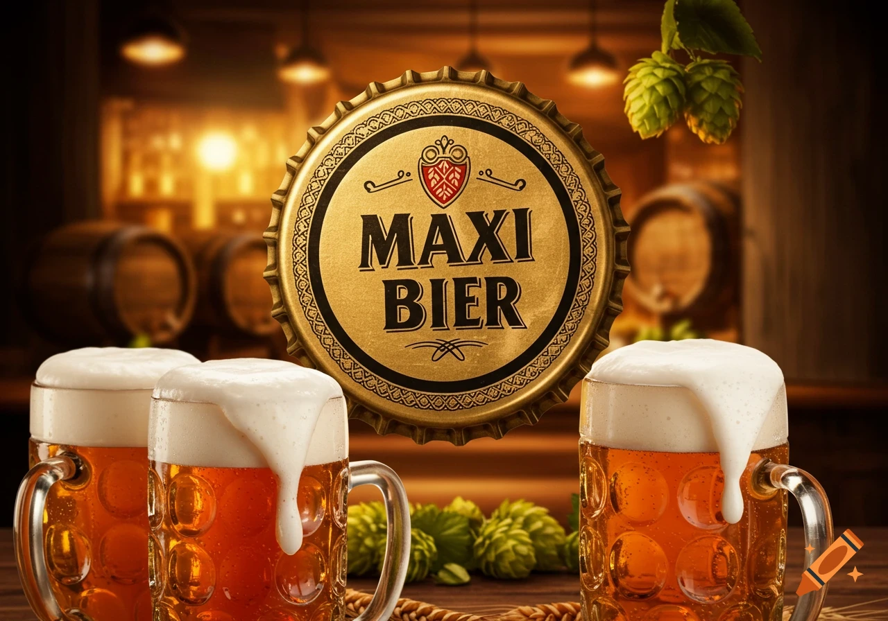 Photorealistic image of three mugs of frothy beer with a large golden "MAXI BIER" bottle cap and hops in a dimly lit bar.