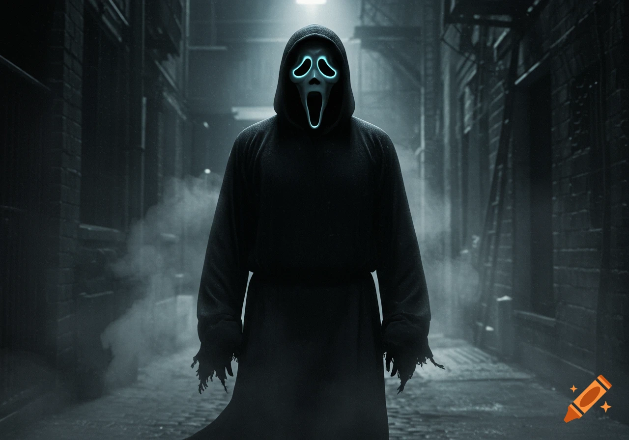 Ghostface from Scream stands in a dark, misty alley, his mask glowing blue.