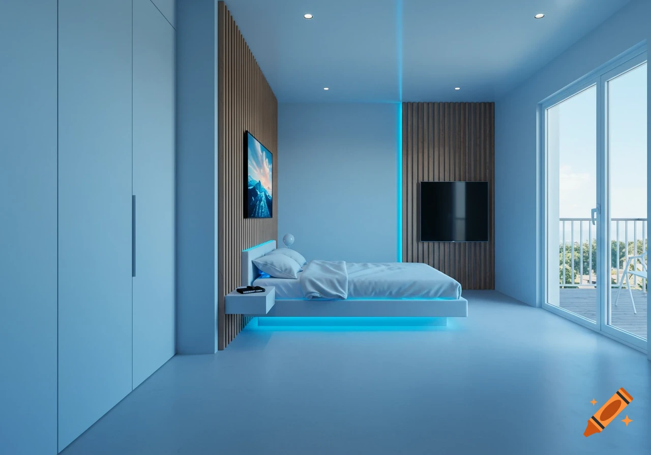 Photorealistic image of a modern bedroom with a floating bed featuring blue LED lighting, wooden accent walls, and a large balcony window.