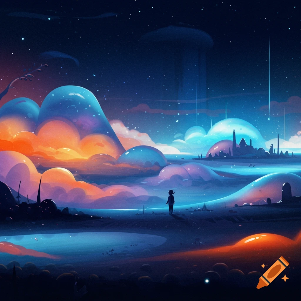 A small figure stands in a vibrant, stylized fantasy landscape with glowing orange and blue formations under a starry night sky.