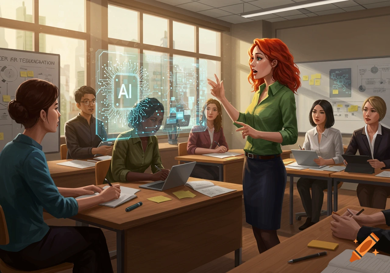 Digital illustration of a red-haired teacher explaining AI with a holographic display to a classroom of diverse students.