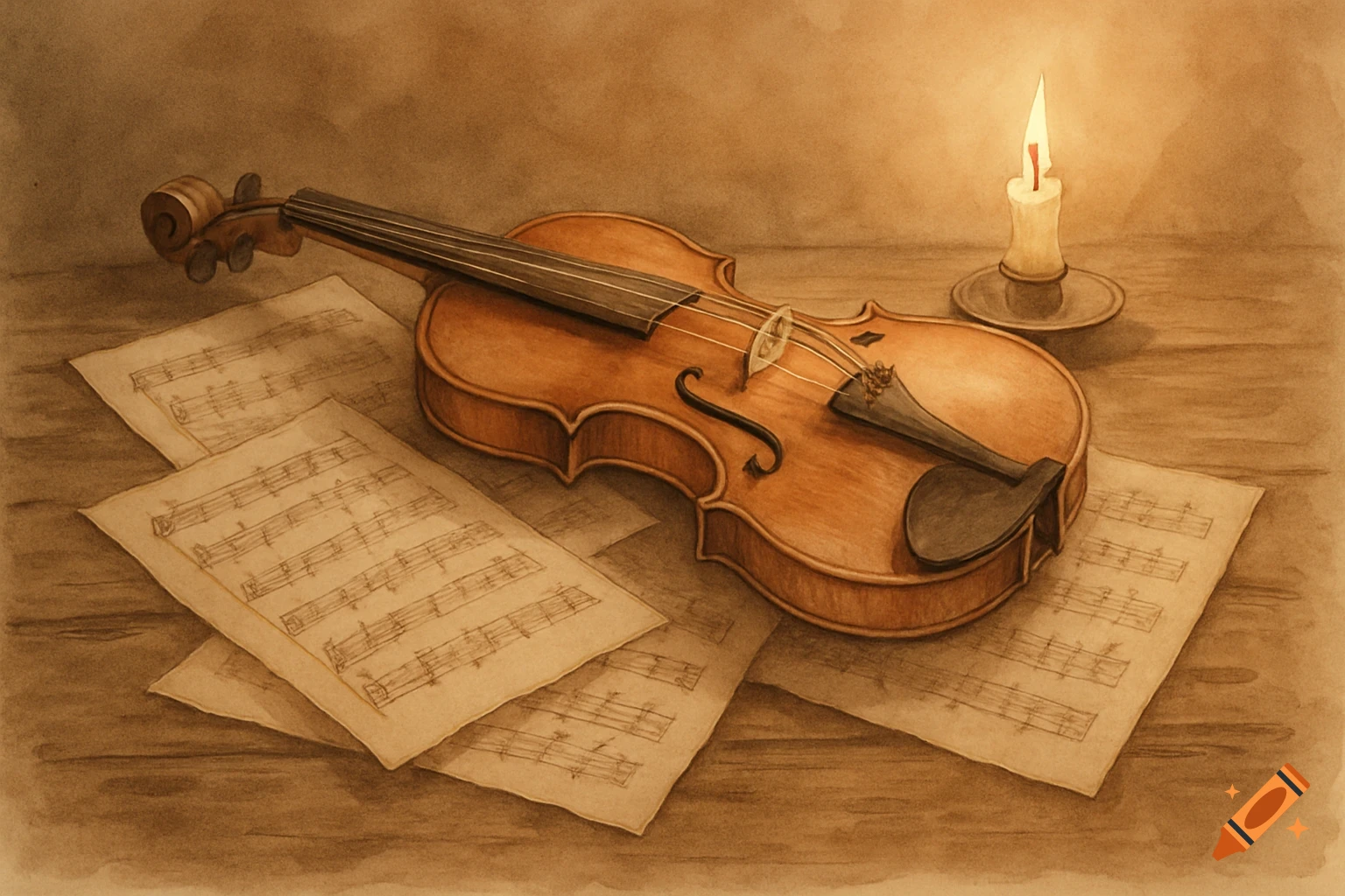 A watercolor painting of a violin, sheet music, and a lit candle on a wooden table.