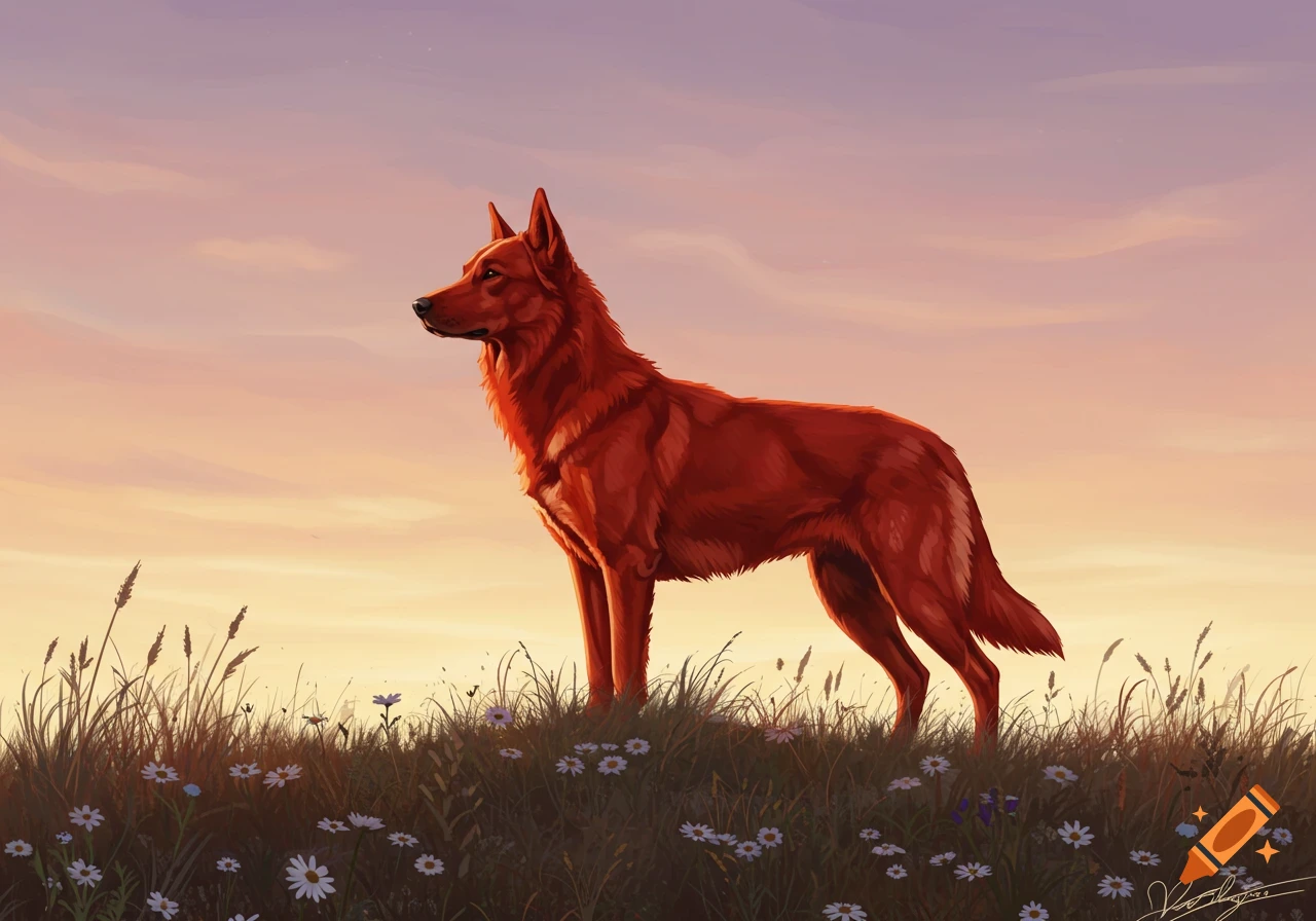 A red dog stands in a grassy field with white flowers under a purple and orange sunset sky, in a digital art style.