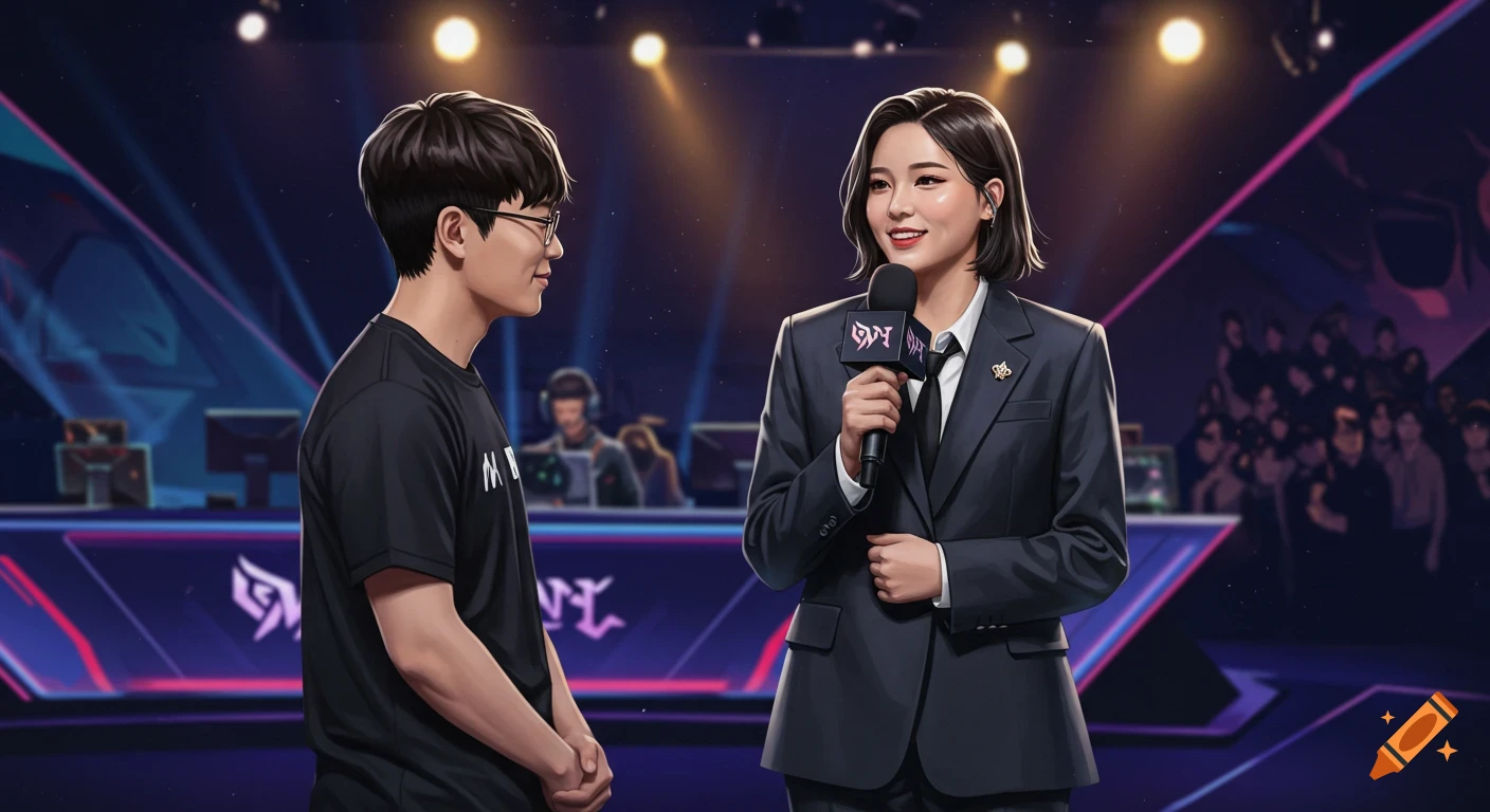 An illustration of a male esports player being interviewed by a female host on a stage at a championship event.