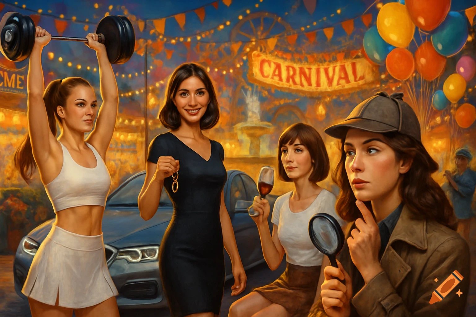 Four women, a weightlifter, a woman with car keys, a woman holding wine, and a detective, at a vibrant carnival scene.