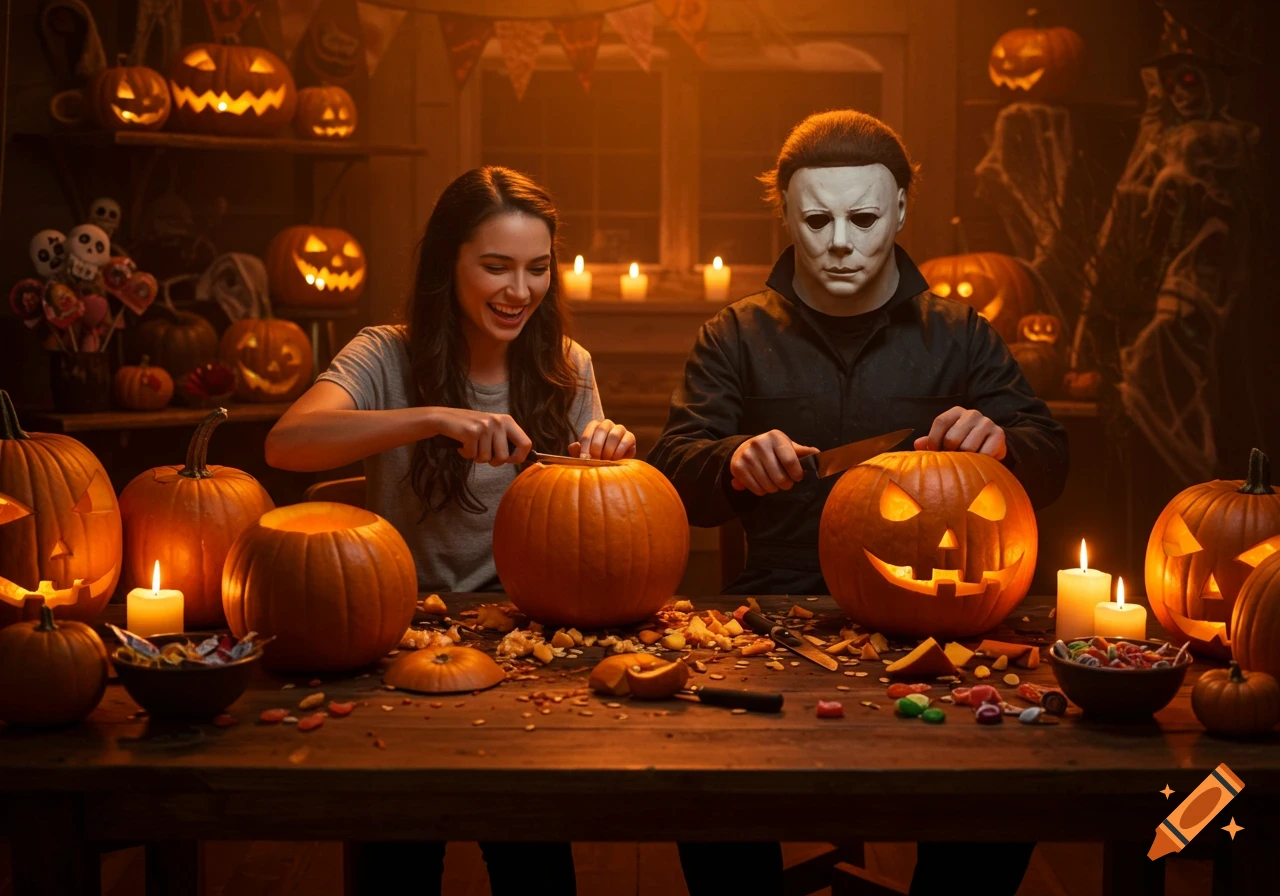 A woman and Michael Myers carving glowing jack-o'-lanterns at a festive Halloween table filled with pumpkins, candles, and candy.