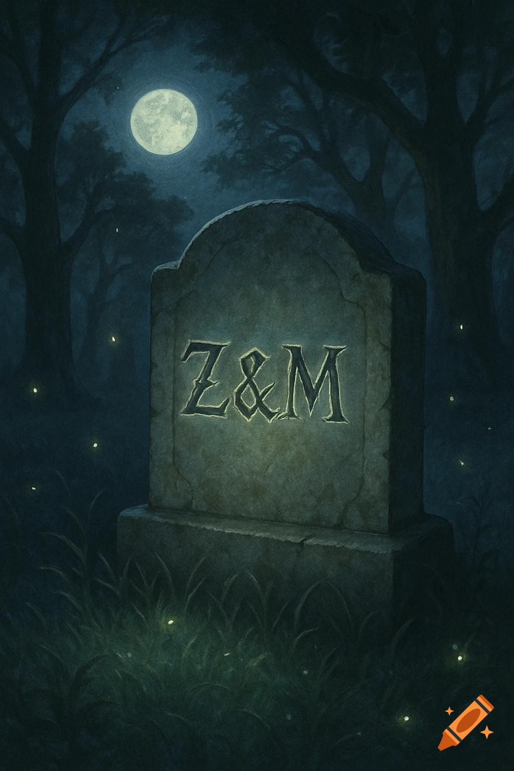 A mossy tombstone with 'Z&M' carved on it stands in a dark forest under a full moon, with glowing fireflies.