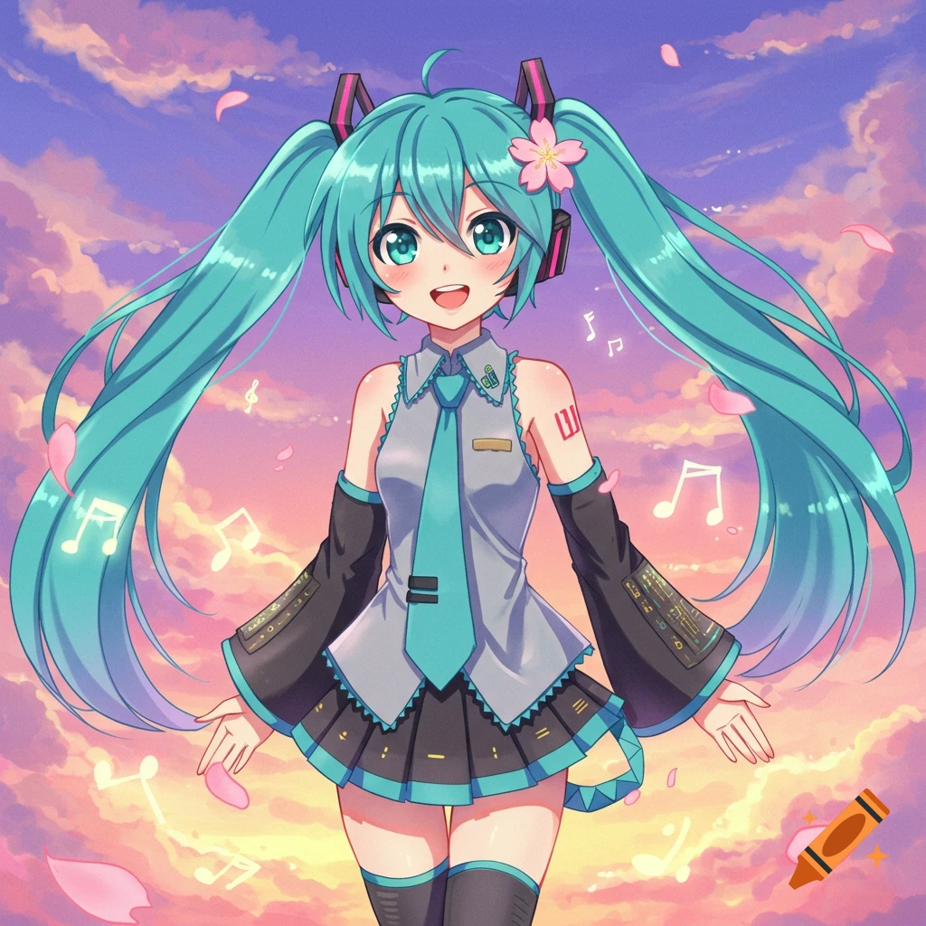 Anime illustration of Hatsune Miku with long teal pigtails, wearing her signature outfit, smiling brightly against a vibrant pink and orange sunset sky with falling cherry blossoms and musical notes.