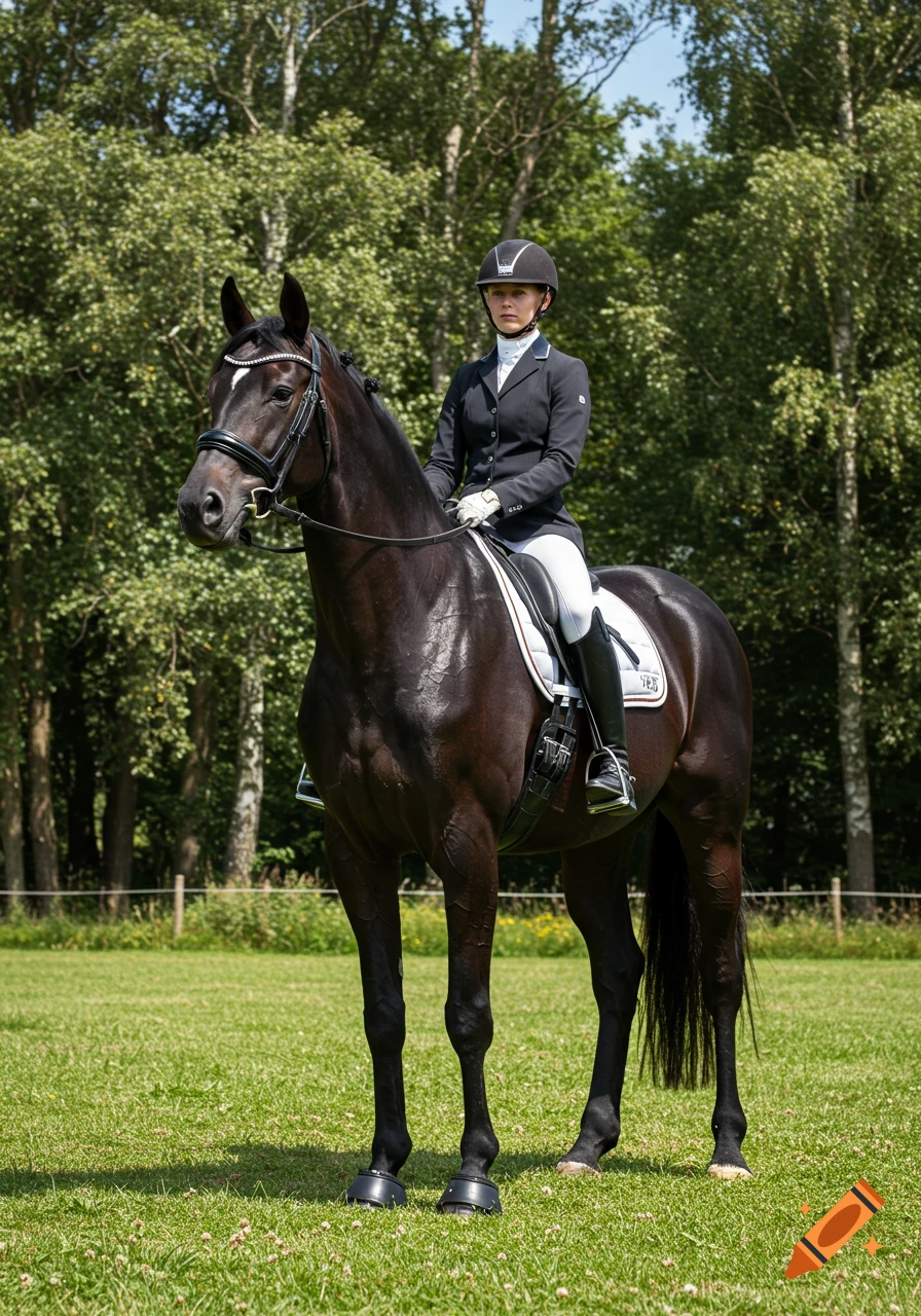 A woman in a black riding jacket and white breeches sits on a tall, dark brown horse in a green field with trees.