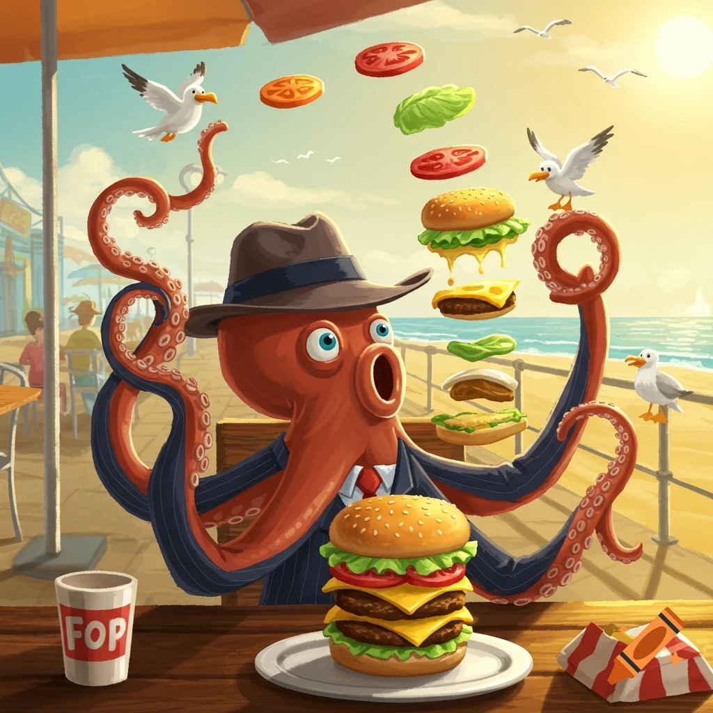 A cartoon octopus in a suit and fedora eats a triple-decker burger at a beachside restaurant, with ingredients floating in the air.