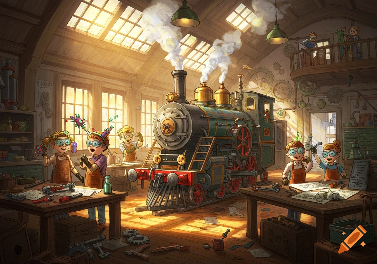 Children in safety goggles and aprons are happily working on a large steam train in a sunlit workshop, surrounded by tools and gears, in a vibrant cartoon style.