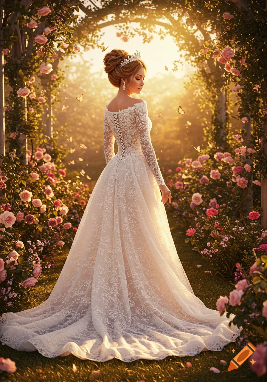 A woman in a beautiful white lace wedding dress stands in a vibrant, sunlit garden surrounded by pink roses and butterflies.