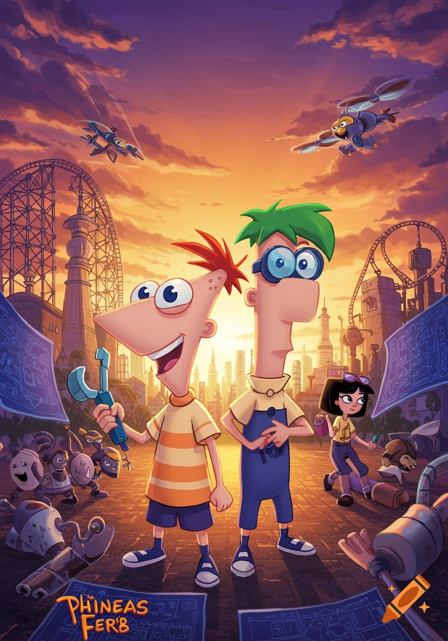 Phineas and Ferb with Isabella and inventions in a stylized city at sunset, cartoon movie poster.
