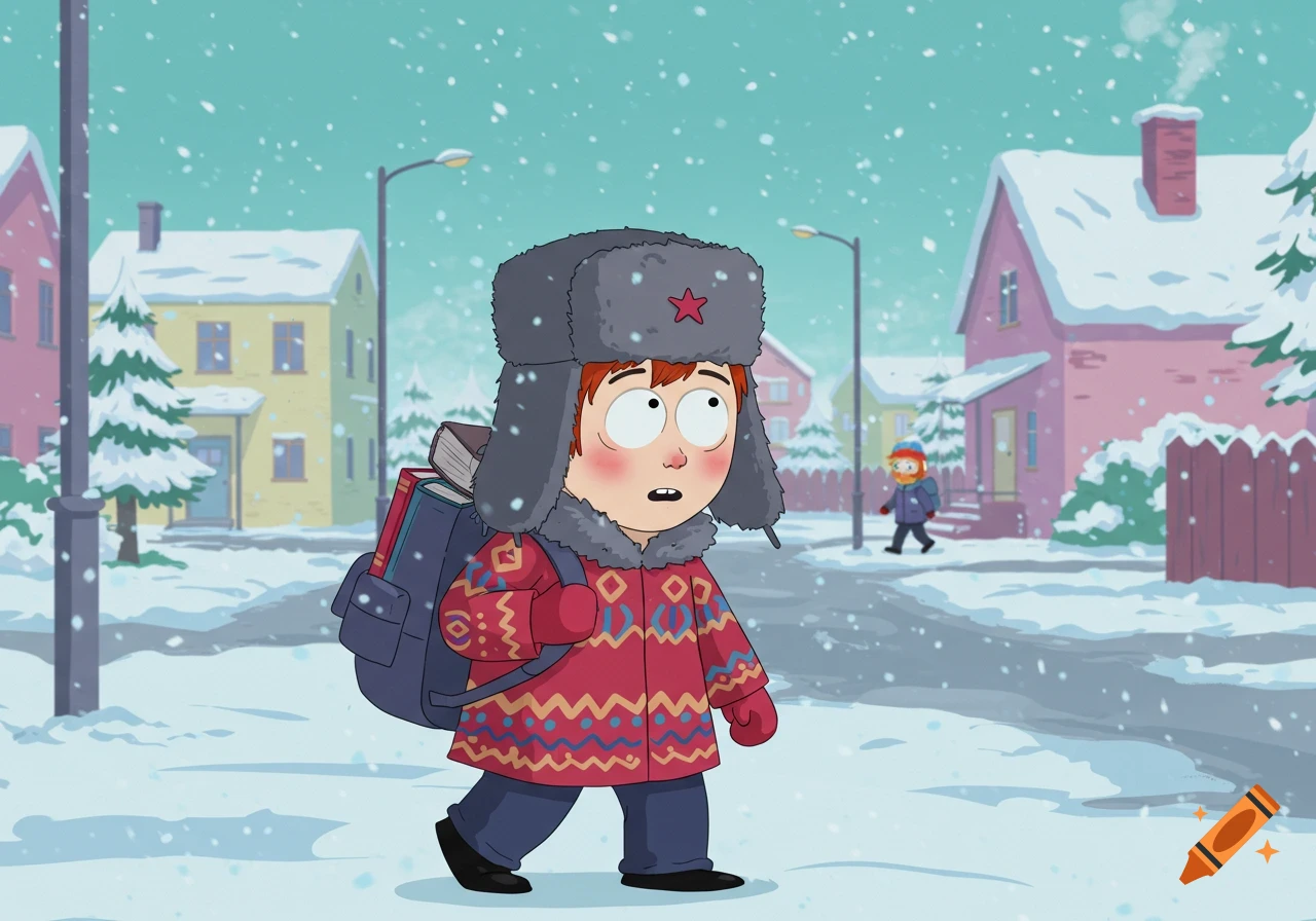A South Park style cartoon of a young Russian student in a fur hat and red coat walking through a snowy street with a backpack.