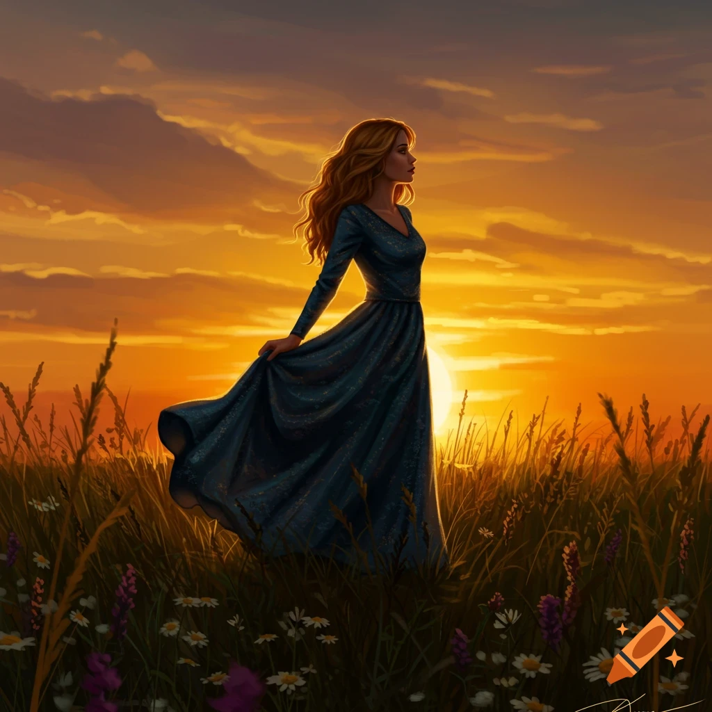 Digital painting of a woman in a long blue dress standing in a grassy field during a vibrant orange sunset.