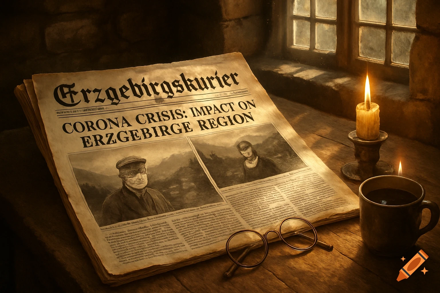 An old newspaper titled 'Erzgebirgskurier' with 'Corona Crisis' headline, alongside a lit candle, eyeglasses, and a coffee mug on a wooden table near a window, in a moody, dimly lit style.