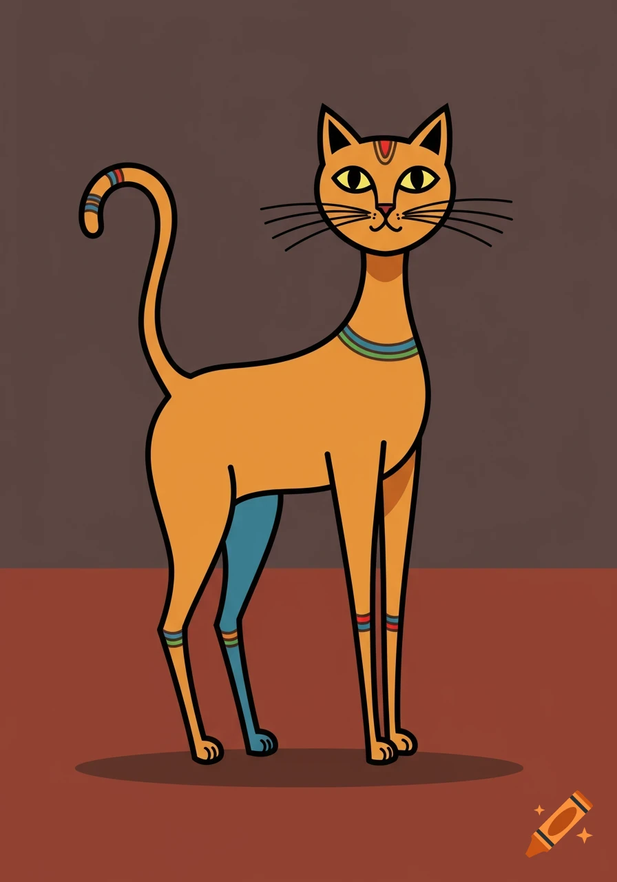 A stylized orange cat with a long neck and striped markings on its body, standing against a brown background in Jamini Roy's folk art style.
