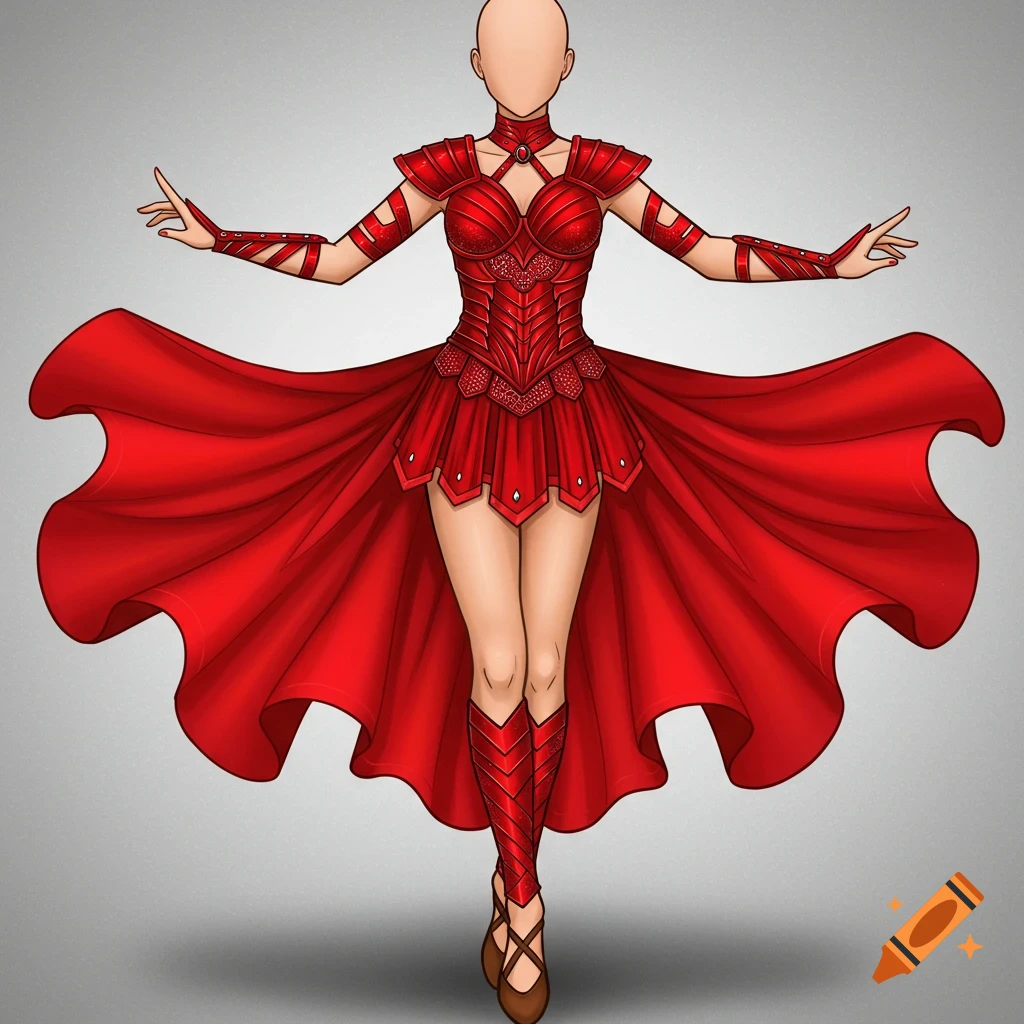 Illustration of a figure in a red war-themed dance costume with armor accents and a flowing cape, against a gray background.