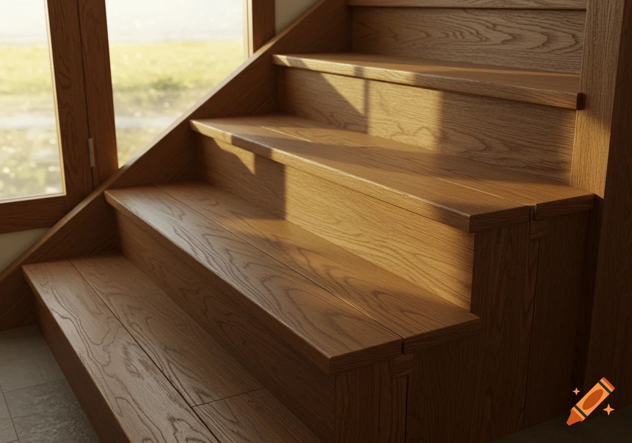 Close-up photorealistic view of modern wooden stairs with sunlight shining on the treads, next to a window.